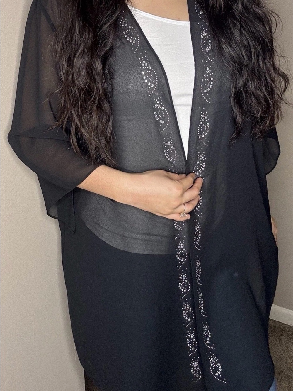 C.C Black Sheer Open-Front Kimono with Sparkle Trim
